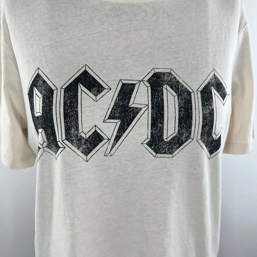 AC/DC x H&M Cream Short Sleeve Crewneck Cotton Graphic Print Tee Size S Small